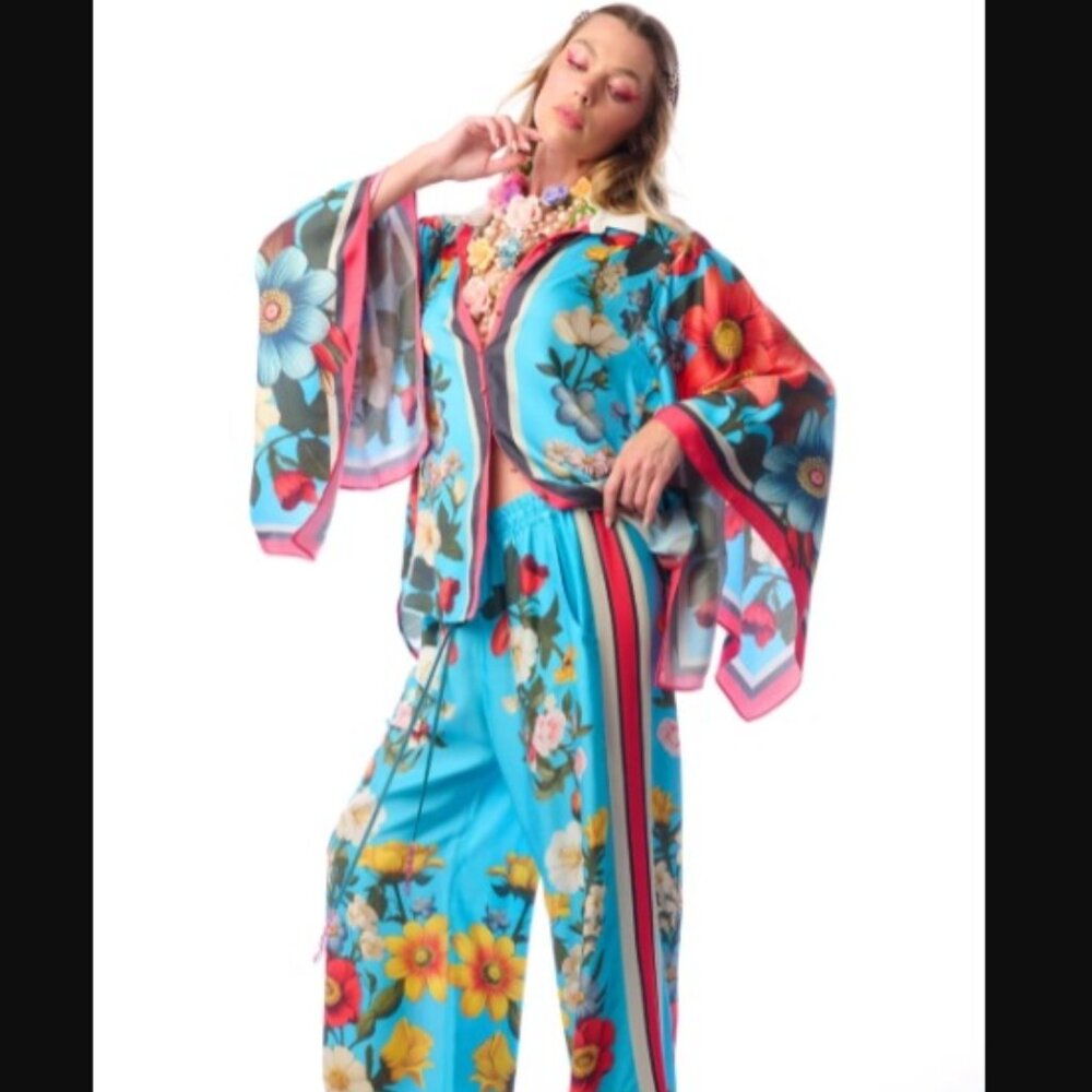 ARATTA FLORAL GARDEN SHIRT BLOUSE Blue Flowers Size L NWT